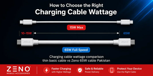 Charging cable wattage comparison thin basic cable vs Zeno 65W cable Pakistan