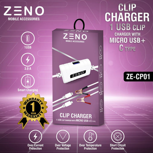 ZENO Single USB Clip Charger With Micro USB and C-type Cable - Versatile & Smart Charging Solution