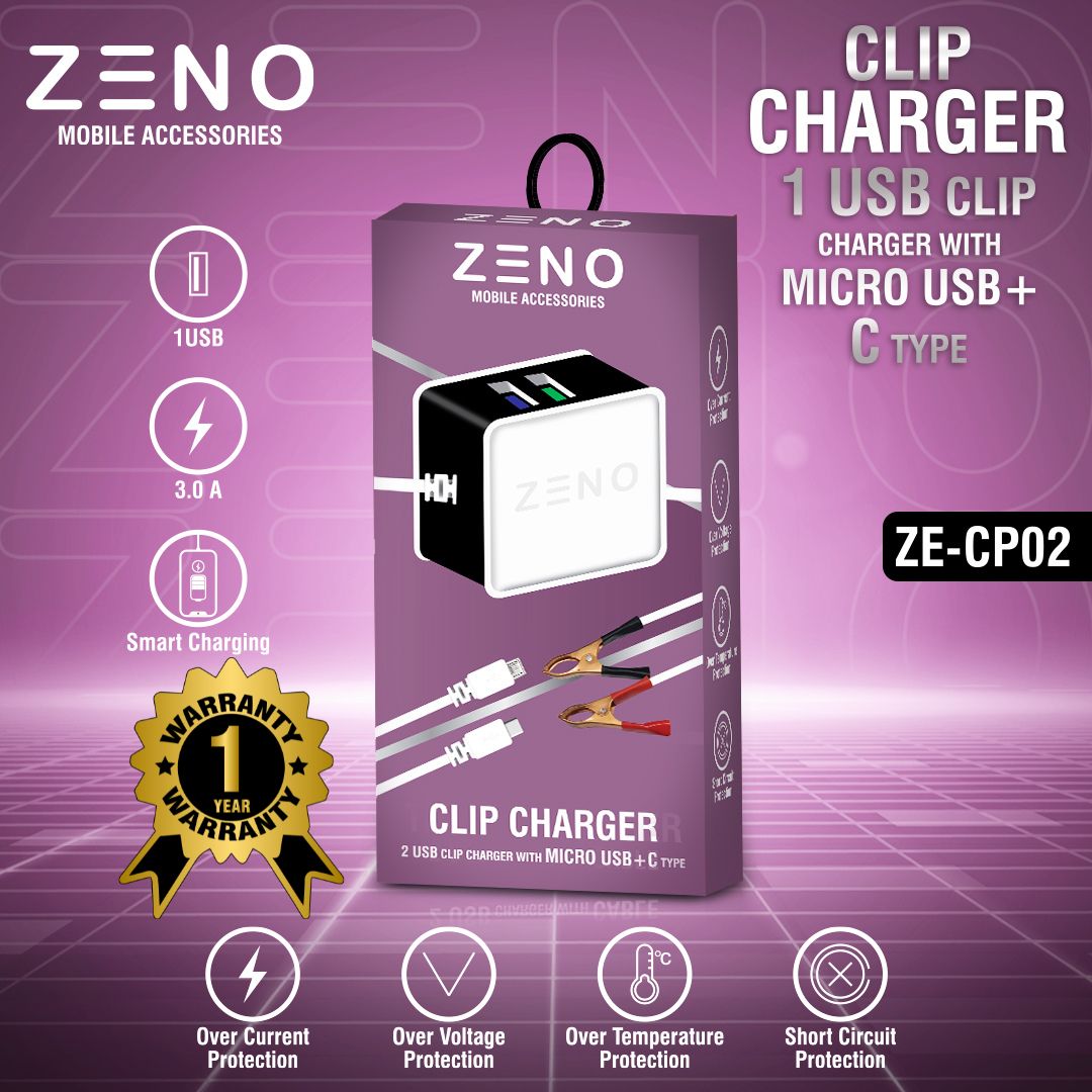 ZENO Double USB Clip Charger With Micro USB and C-type Cable– Compact, Fast, and Reliable