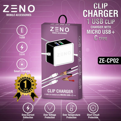 ZENO Double USB Clip Charger With Micro USB and C-type Cable– Compact, Fast, and Reliable