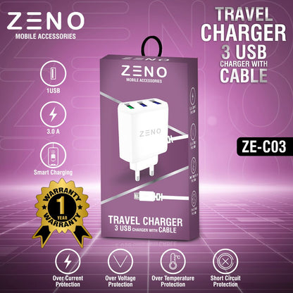 Zeno Triple USB Fast Charger Pakistan | 3 Phones at Once